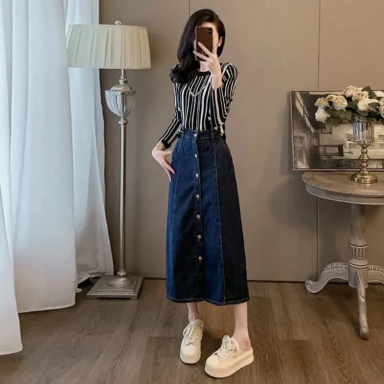 春秋冬新款长袖针织打底衫内搭显瘦上衣毛衣牛仔半身裙高腰中长款