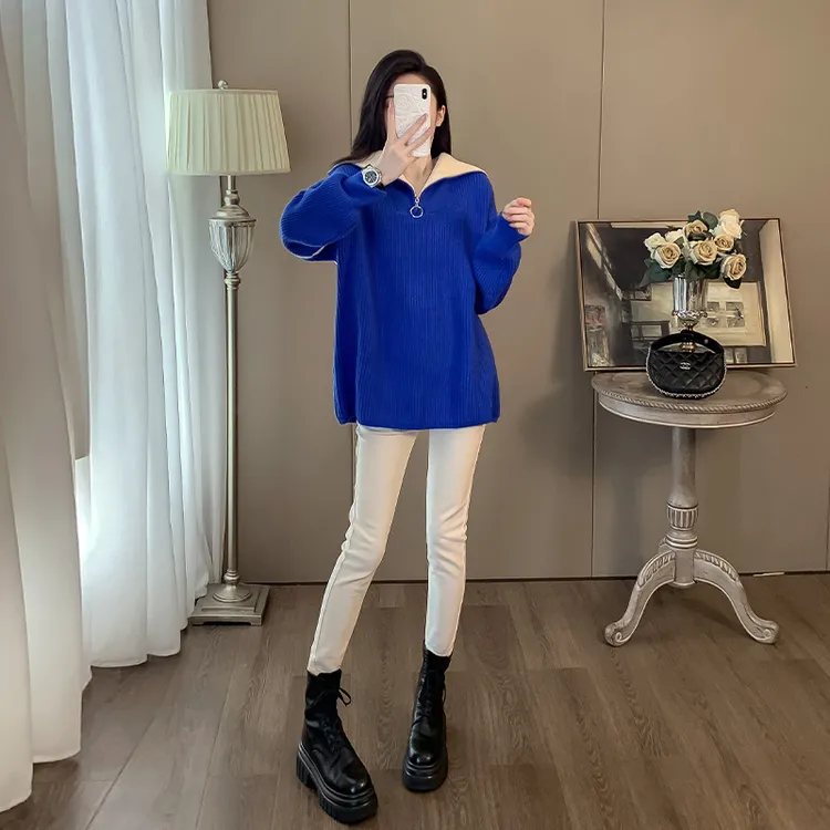 撞色大码翻领毛衣加厚女秋冬新款拉链设计感洋气百搭上衣宽松外穿