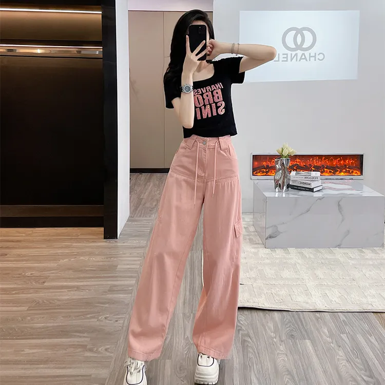 甜辣妹正肩短袖t恤女夏季高腰短款上衣工装牛仔裤高腰阔腿拖地裤