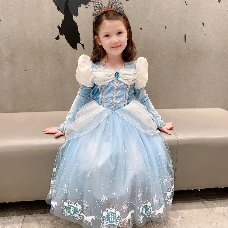 爱莎公主裙子女童春秋新夏季艾莎灰姑娘儿童冰雪奇缘爱沙生日礼服