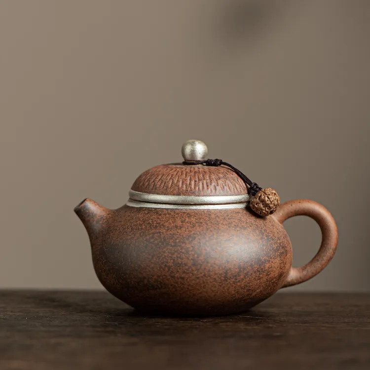 【正版川冶】鎏银小梨壶.06901.复古中式粗陶紫砂老岩泥梨壶.SHCY