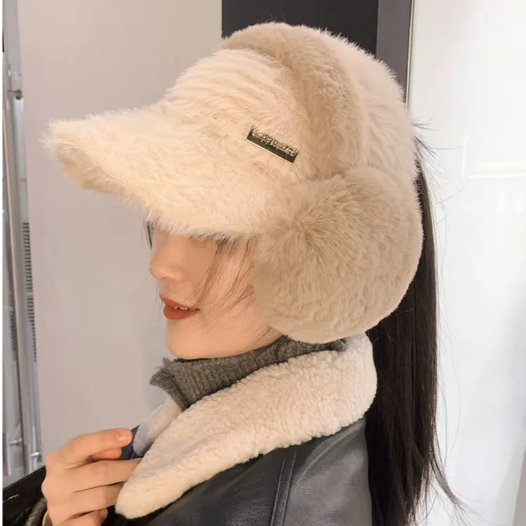 秋冬季韩版加绒女生帽子女士针织时尚毛绒户外可扎马尾网红毛呢帽