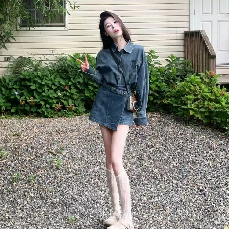 高智淡人穿搭一整套时尚炸街减龄小个子牛仔外套半身裙裤两件套女