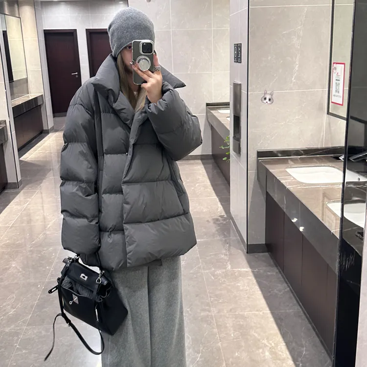 韩系灰色立领棉服女秋季宽松设计感保暖加厚面包服加厚棉衣外套