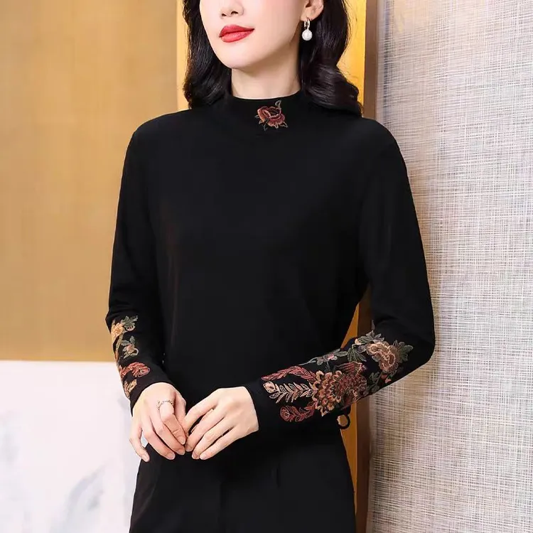 秋冬款中式国风刺绣立领复古百搭保暖长袖打底衫T恤