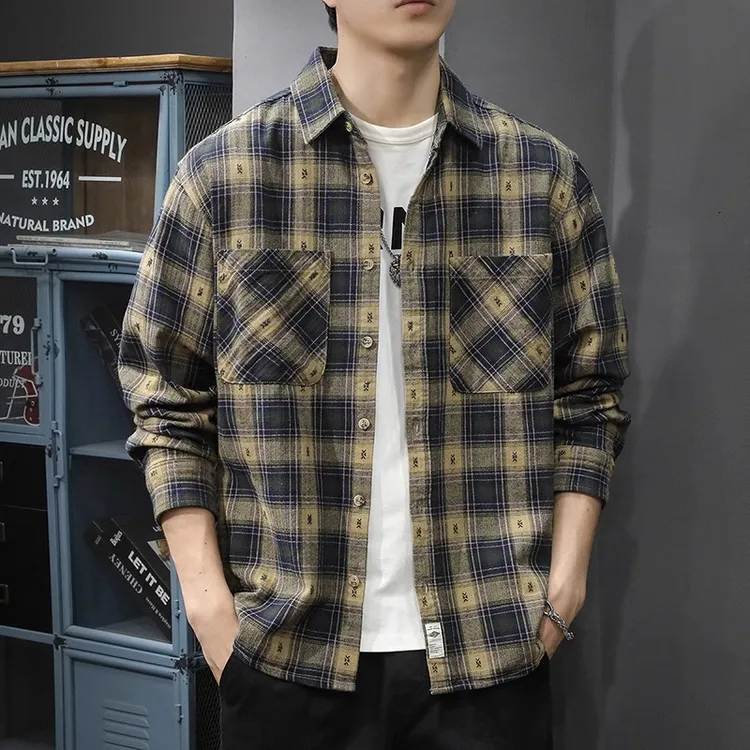 美式复古格子印花长袖衬衫男秋季纯棉宽松大码休闲外套痞帅衬衣潮