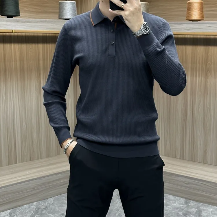 新秋冬男士商务休闲打底针织衫轻奢高级时尚百搭翻领polo衫毛衣