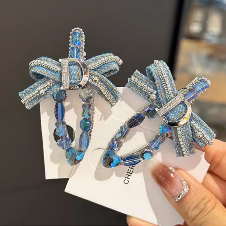 韩系气质重工复古牛仔蝴蝶结发夹水晶鸭嘴夹边夹刘海侧边夹子头饰