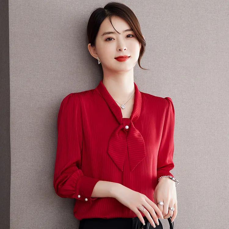 蝴蝶结条纹雪纺衬衫女长袖上衣春秋新款洋气时尚高端气质职业衬衣