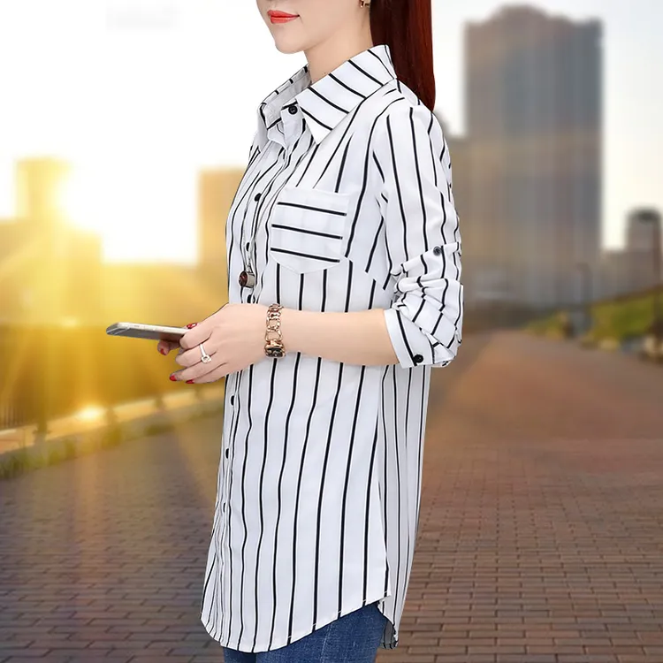 条纹雪纺衬衫女长袖上衣中长款春秋冬新款加绒厚保暖洋气宽松衬衣