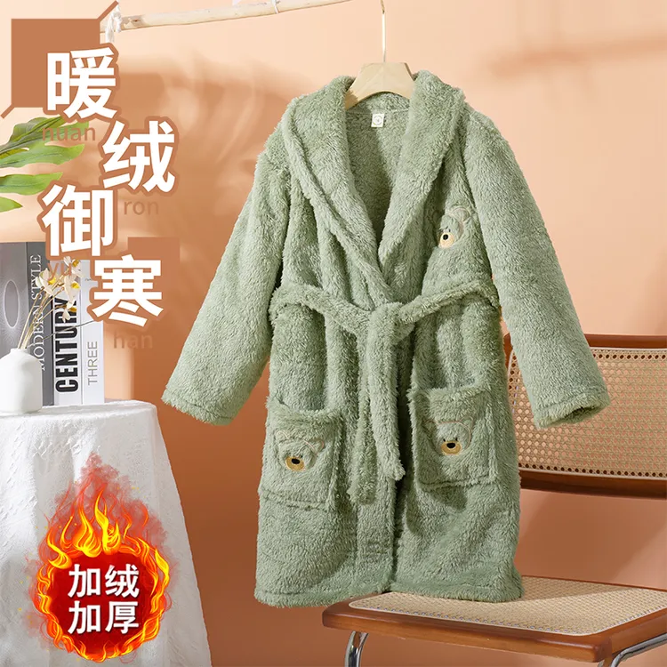 儿童睡袍男孩秋冬长毛绒加厚保暖睡衣男童中大童浴袍法兰绒家居服