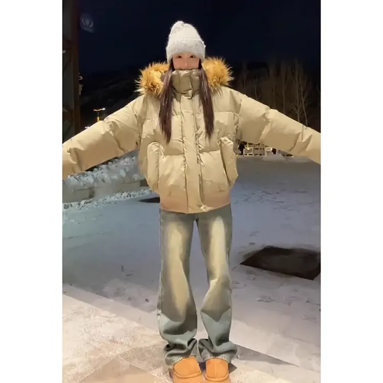 可拆卸毛领pu皮连帽棉服棉衣外套男冬季美式潮牌面包服情侣棉袄子