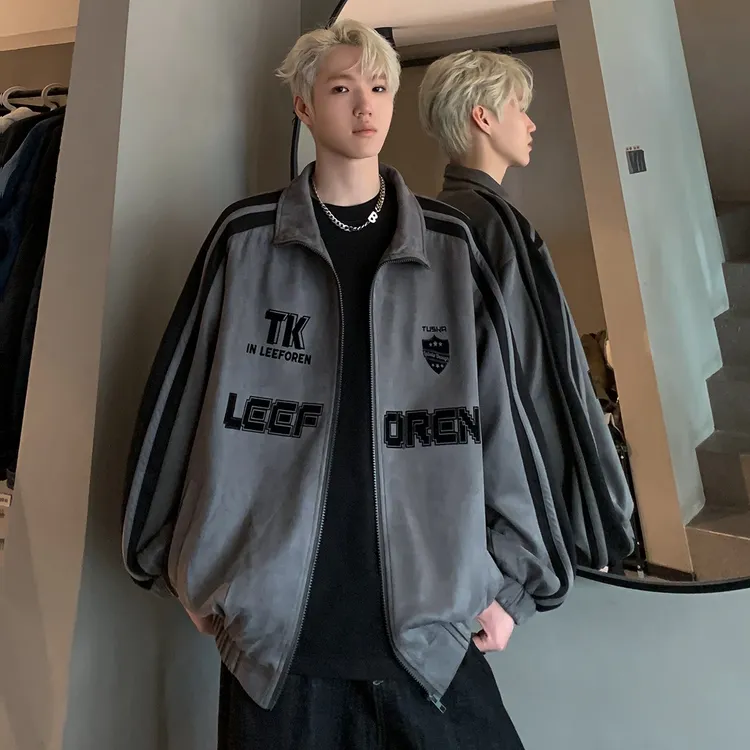 侧条纹棒球服男2025春秋季新款美式仿麂皮绒运动夹克高街痞帅外套