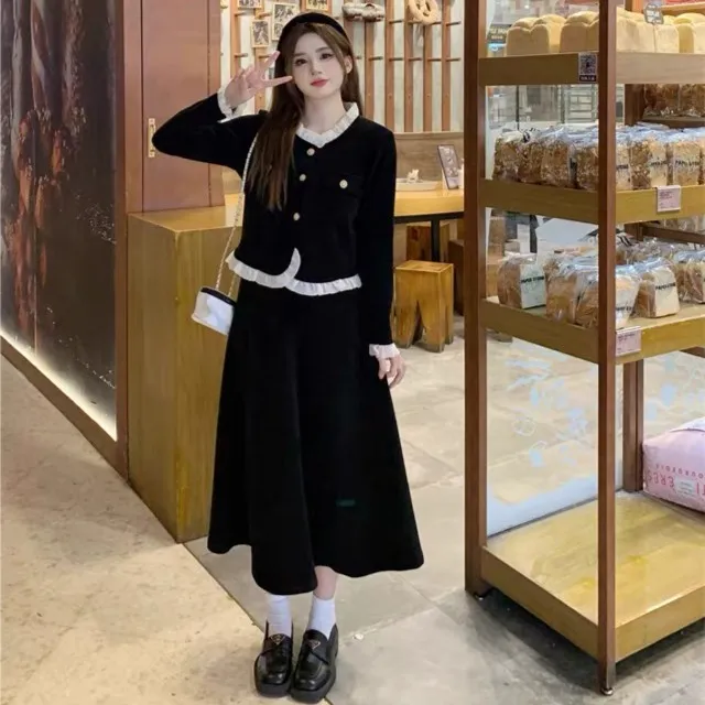 秋冬季赫本风气质黑色时尚小香风外套+半身裙套装