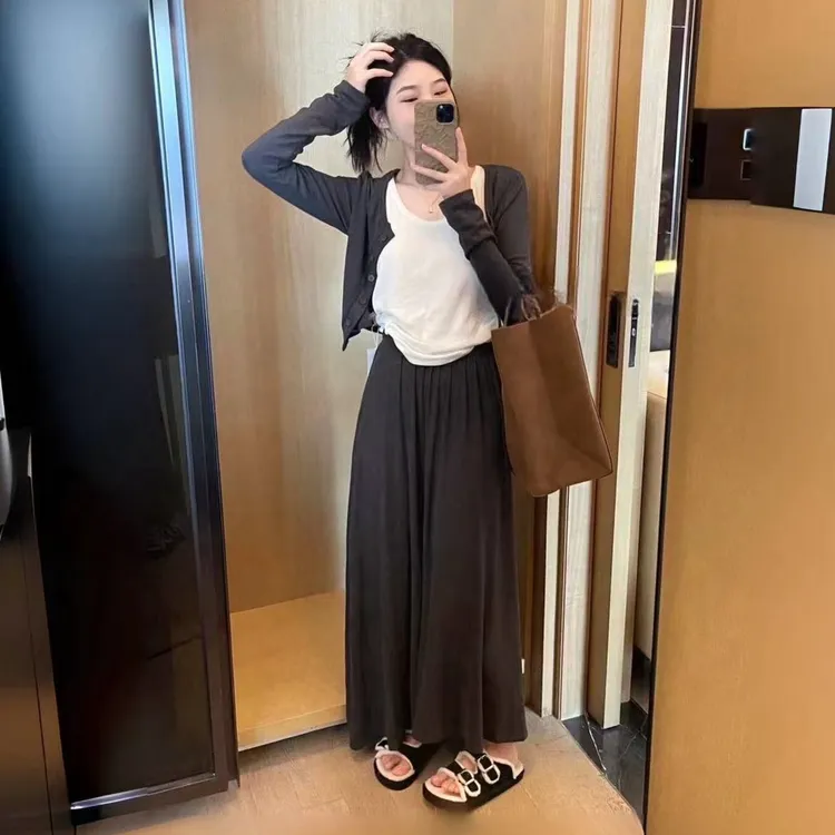 春夏季休闲韩版气质百搭开衫+背心+显瘦高腰半身裙三件套套装