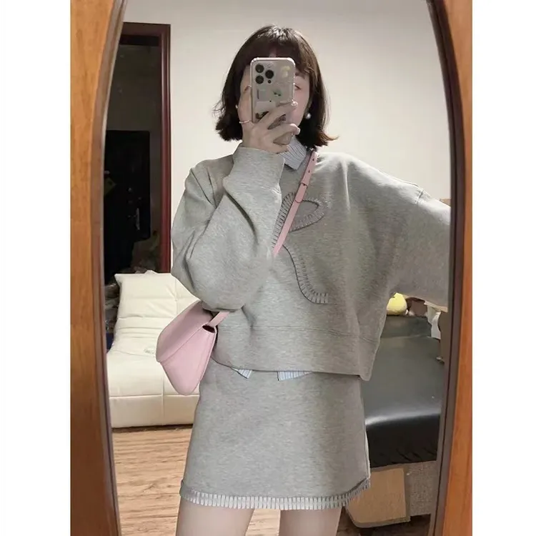 春季韩系休闲衬衫领卫衣假两件高腰显瘦半身裙两件套套装