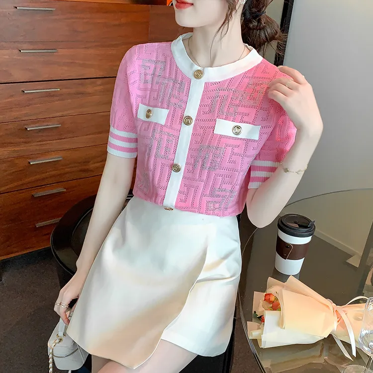 气质撞色小香风冰丝针织衫女2025夏季新款短袖镂空薄款上衣T828