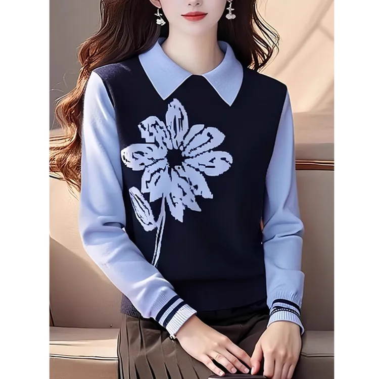 设计感提花假两件针织衫女2025秋冬高级感洋气减龄时尚毛衣上衣