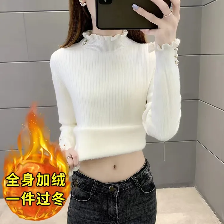 一体绒毛衣女加绒加厚秋冬2025新款针织打底衫半高领内搭上衣T555