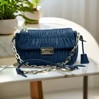 95新 Prada/普拉达 蓝色褶皱单肩包 738 3088 