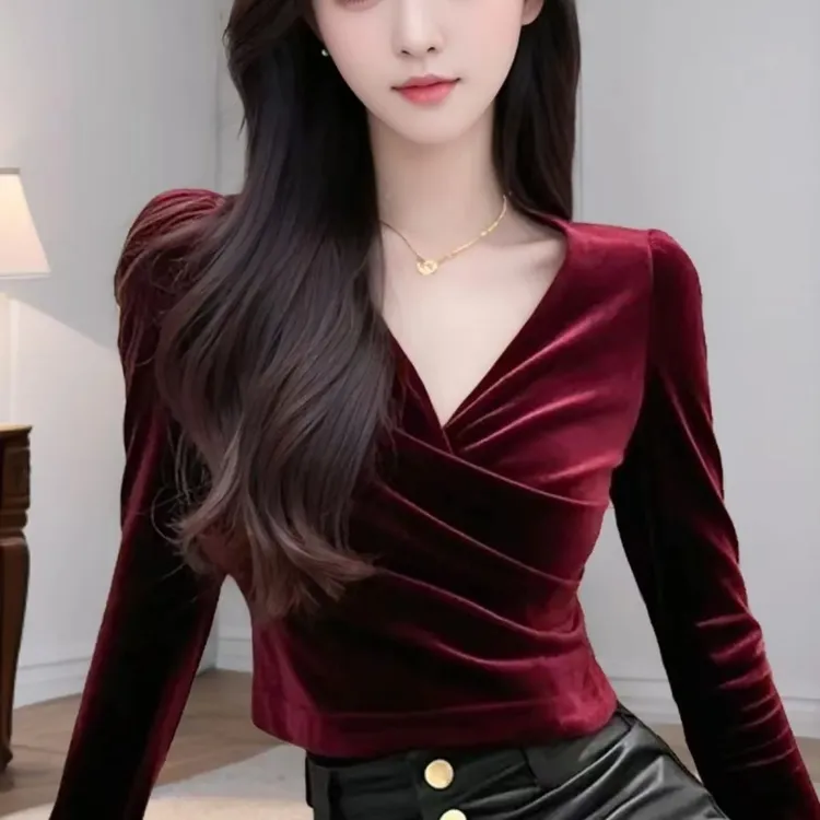 法式轻熟风酒长袖红色T恤丝绒打底气质名媛高级修身显瘦短款上衣