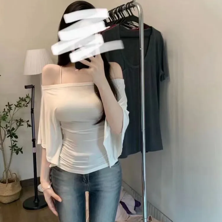 亲熟曼调2024夏季新款高弹力修身一字肩T恤针织喇叭袖纯色显瘦T恤