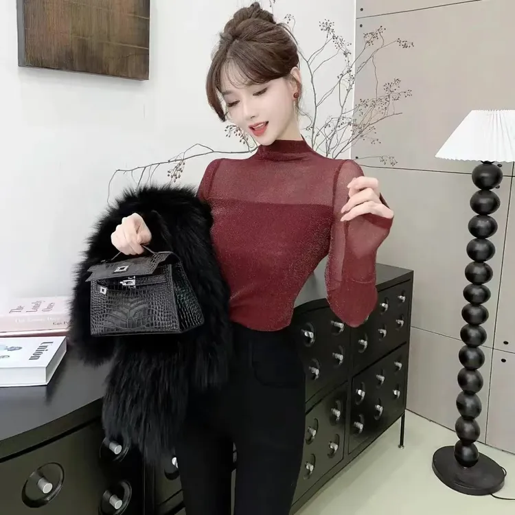 半高领打底衫女时髦聚焦气质半高领网纱亮片T恤打底上衣拼接新款