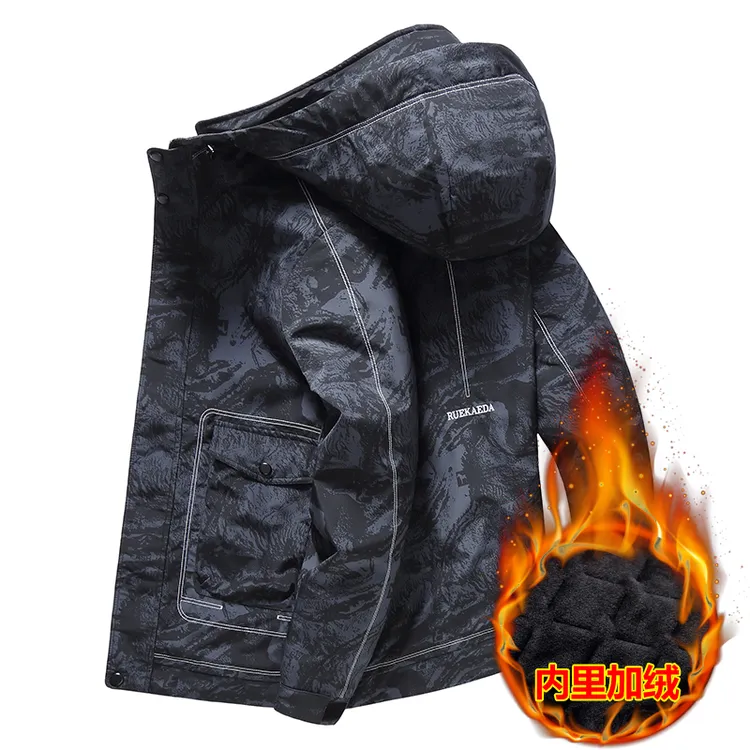男士加绒棉衣加肥加大码连帽棉袄冬胖子宽松肥佬休闲迷彩棉服外套