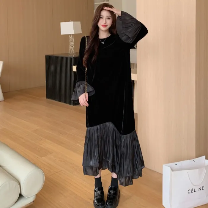轻熟风设计感2024秋季复古不规则黑色连衣裙喇叭袖时尚拼接鱼尾裙