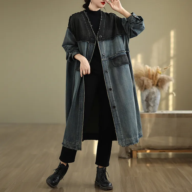 设计感时尚大码个性拼接做旧水洗加肥宽松休闲毛边牛仔风衣外套潮
