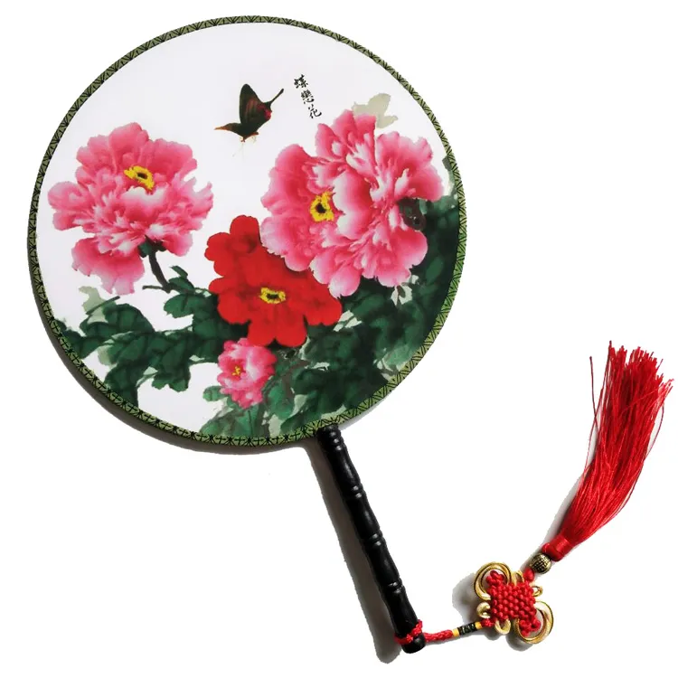 双面团扇花开富贵大号牡丹荷花舞蹈扇旗袍走秀长柄圆形中国风宫扇