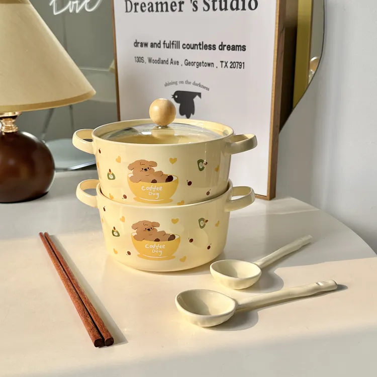 ins风奶油小狗陶瓷泡面碗带盖学生宿舍用方便面碗大容量汤碗餐具