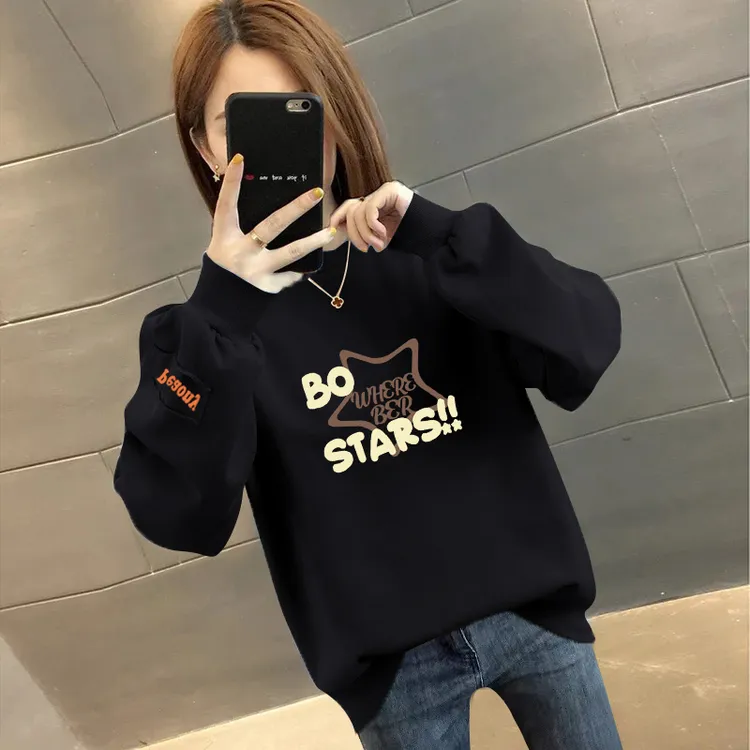 春秋长袖卫衣女韩版宽松百搭休闲时尚圆领秋冬加绒加厚无帽上衣