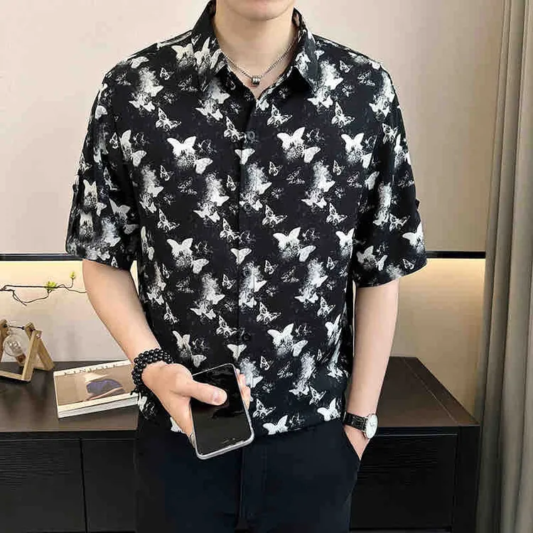 男士夏季印花衬衫青中年韩版冰丝薄款痞帅个性宽松休闲帅气衬衫男