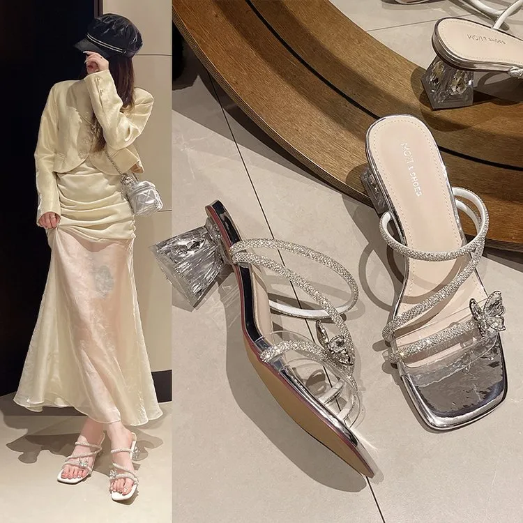 初式水钻套趾凉拖鞋女外穿2025年新款夏季百搭仙女水晶粗跟一字拖
