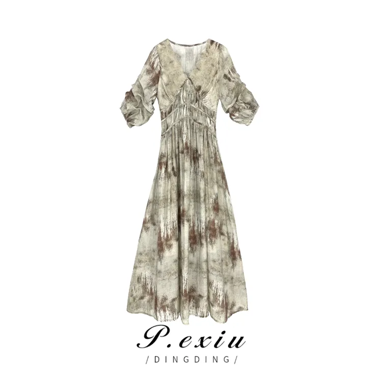 PanYiXiu/潘依绣【墨笔生花】高级感水墨晕染V领国风连衣裙 20948T