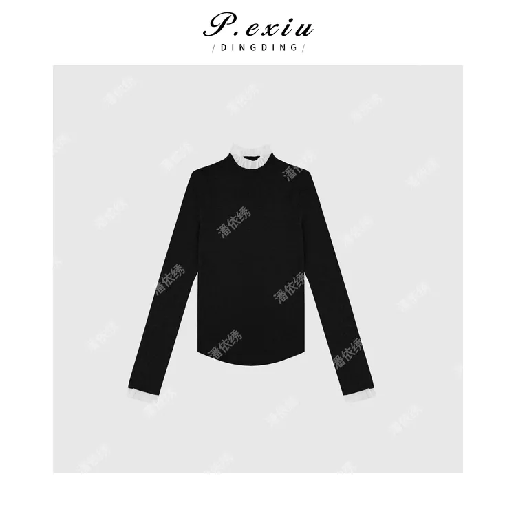 PanYiXiu/潘依绣【牛奶丝】羊-毛法式撞色拼接蕾丝针织上衣 ZZ0617