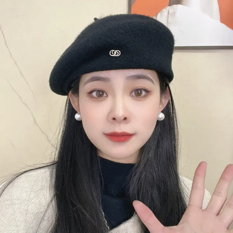 帽子女秋冬韩版时尚绵羊毛贝雷帽百搭优雅蓓蕾帽文艺米白色画家帽