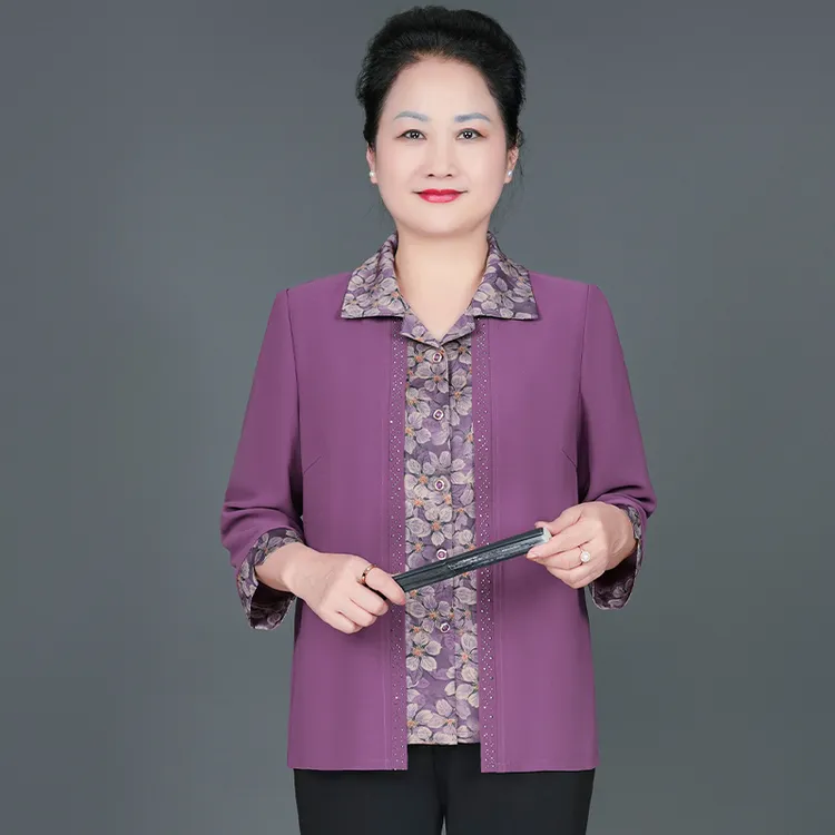 华太太中老年女装胖妈妈夏装加肥加大码假两件中袖衬衫夏季B0661