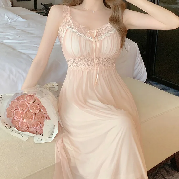 带胸垫网纱甜美蕾丝花边短袖吊带睡裙女款爆款2025新款睡衣家居服
