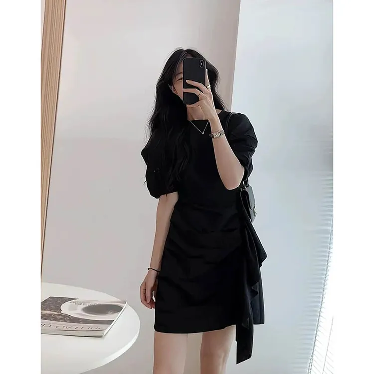  大码女码短袖连衣裙2025夏季新款宽松显瘦设计感中长款A字裙子