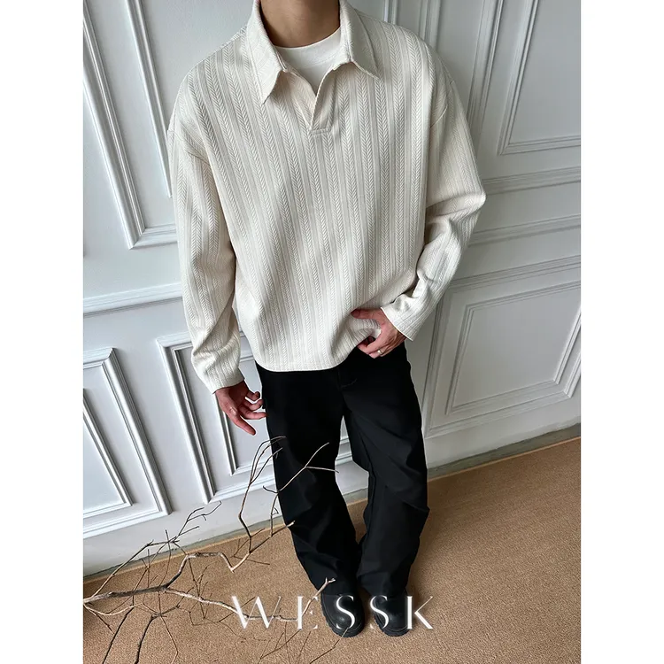 WESSK柔软麦穗条格纹V字翻领春秋季慵懒休闲百搭长袖衬衫外套男女