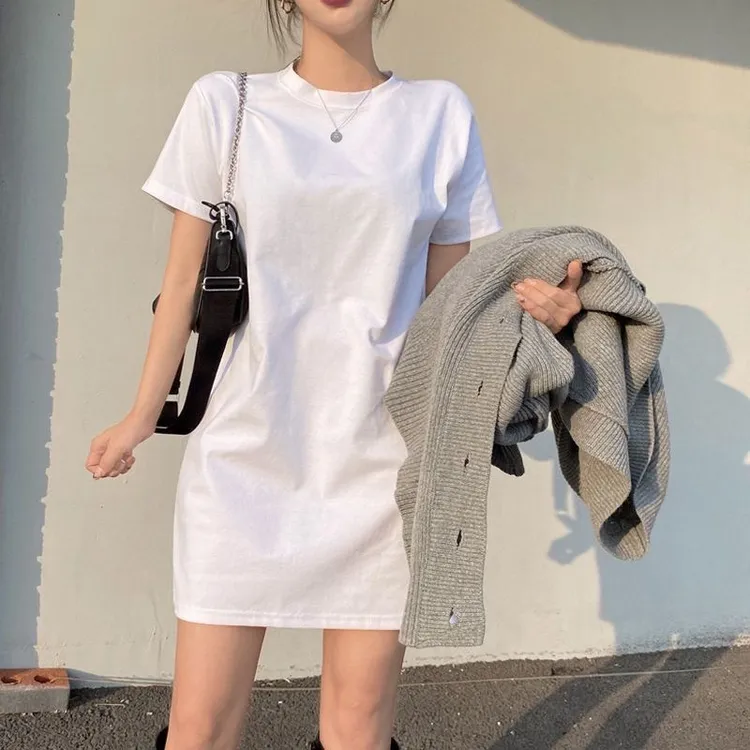 纯棉中长款短袖t恤女夏装新款正肩显瘦大码遮屁股洋气白色上衣潮