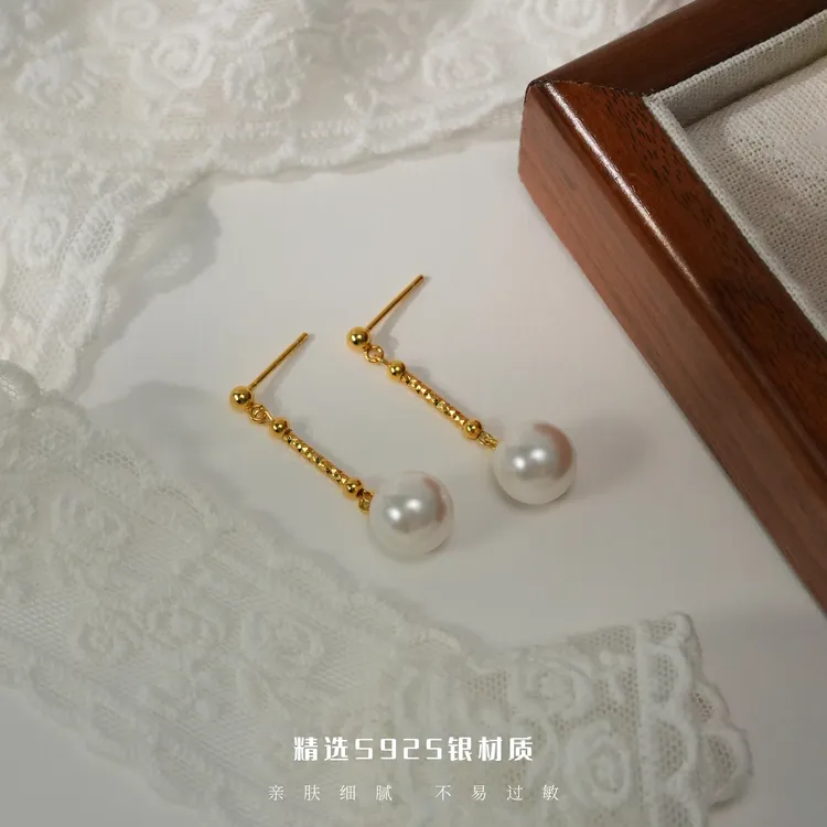 丽沁 925银仿珍珠耳饰 气质超闪刻花流苏珠珠耳钉女小众轻奢耳环