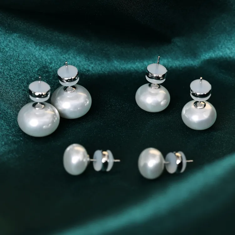 丽沁 925银耳饰 法式扁圆奶糖珠珠耳钉女优雅气质耳饰甜美
