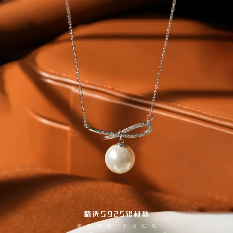 丽沁 链子925银 甜美锆石丝带结珠珠项链女气质轻奢颈链锁骨链