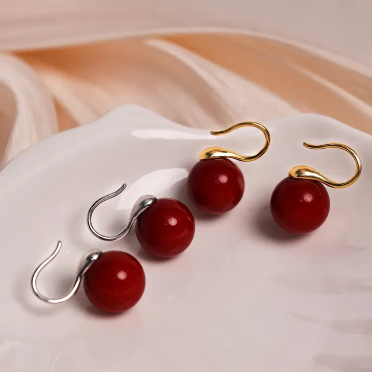 丽沁 925银耳饰 气质红色珠耳钩女法式耳环耳坠耳饰小众经典