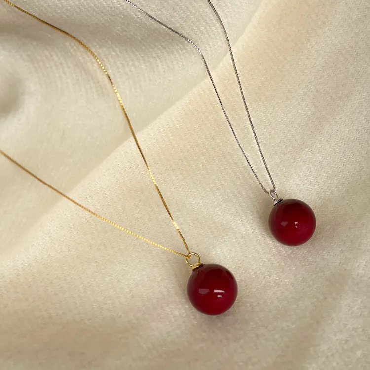丽沁 链子925银 气质酒红色珠珠项链女复古港风吊坠简约优雅颈链