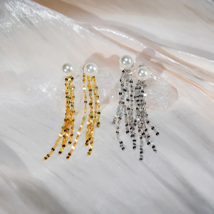 丽沁 925银耳饰 流苏珠珠耳环百搭精致两戴气质简约长款流苏耳饰