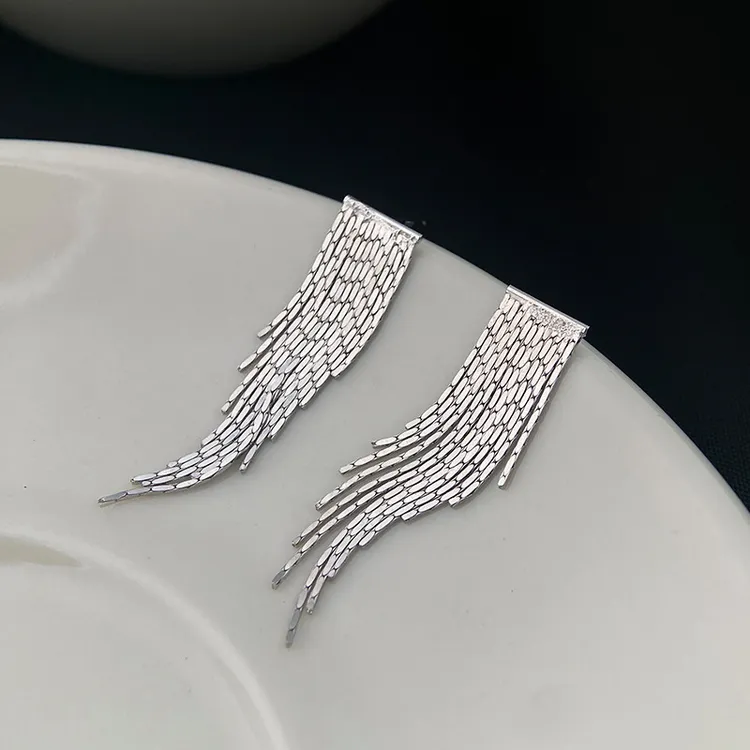 丽沁 925银耳饰 不规则流苏耳钉瀑布波光粼粼耳环流动耳坠气质女